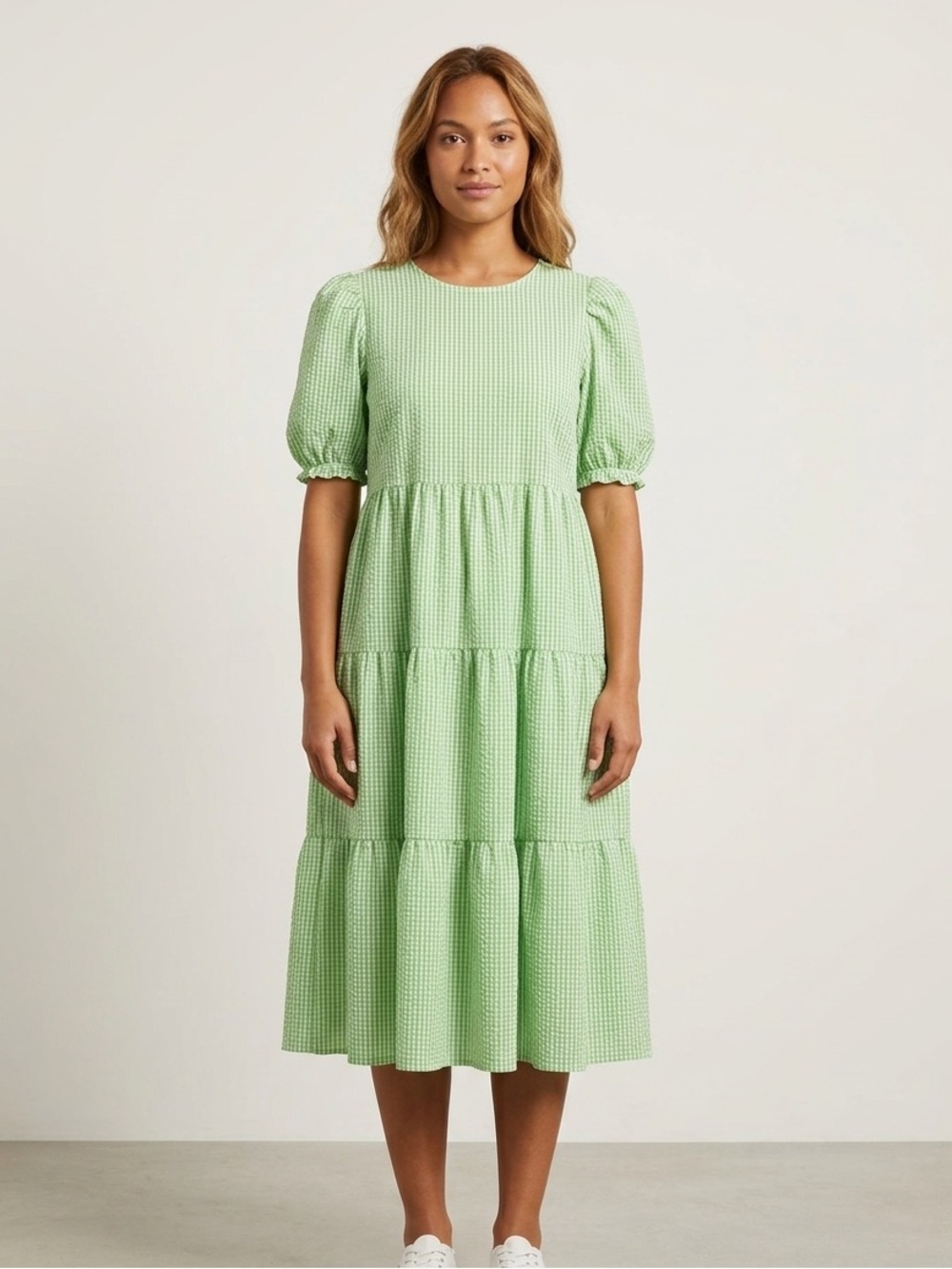 Oak + Fort Sz S Cotton Gingham Green Tiered Puff Sleeves Midi Dress